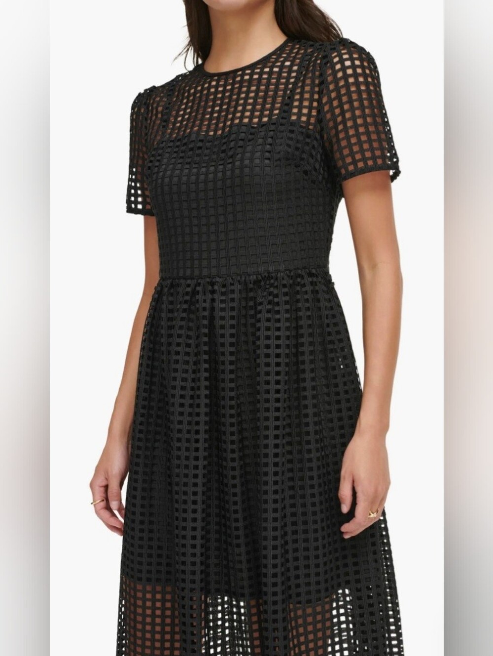 DKNY Black Grid Mesh Midi Dress
